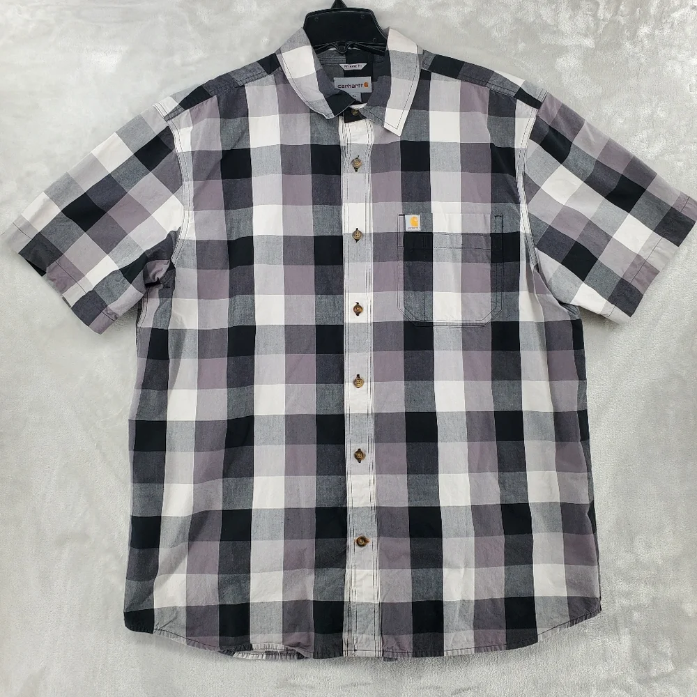 Carhartt Men Xl Relaxed Fit Button Up Short‎ Sleeve Gray Plaid